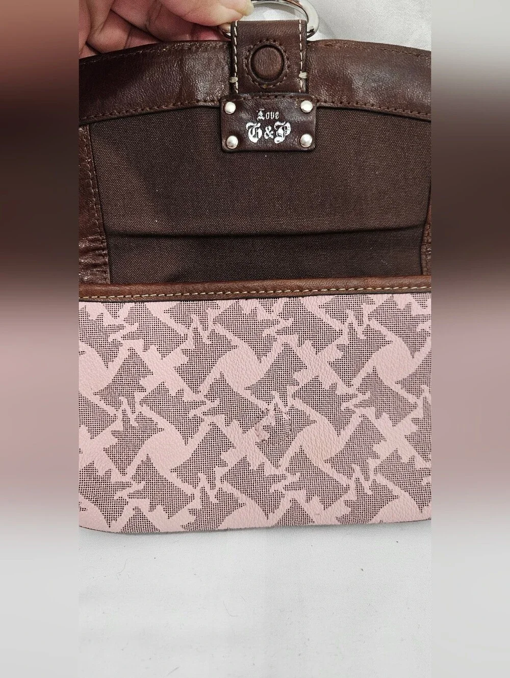 Juicy Couture Pink Logo Wristlet with Brown Trim and Black-White Stripe #299